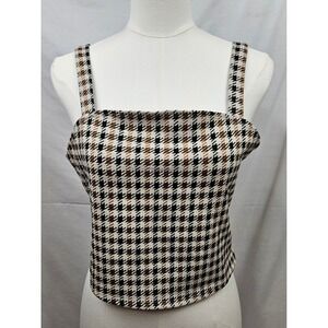 Selfie Lg Houndstooth Crop Top Sleeveless Square Neck Side Zip Tan Black Boho